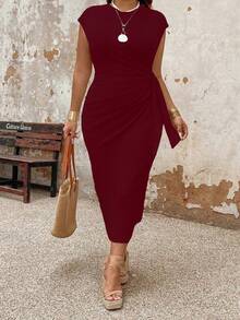 EMERY ROSE Plus Size Women's Summer Solid Color Round Neck Cap Sleeve Side Knot Ruched Fitted Elegant Dress Maxi Women Outfit - Red Violet - View 3