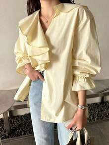 INAWLY Elegant V-Neck Ruffle Patchwork Loose Blouse - Yellow - View 6