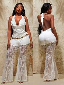 Radiana Combinaison dos nu à col ras-du-cou en dentelle et patchwork pour femmes grandes tailles, tenue sexy pour usage quotidien, printemps/été - Blanc - Voir 3