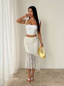 SHEIN PETITE 女士不对称纹理杏色美人鱼半身裙，万圣节，秋冬女装，外出半身裙，时尚，乡村风，奶油色半身裙，优雅蕾丝半身裙，美人鱼蕾丝半身裙 - 白色 - 查看 5