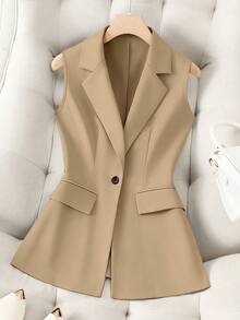 Franclia Women's Solid Color Elegant Single Button Casual Vest - Khaki - View 1