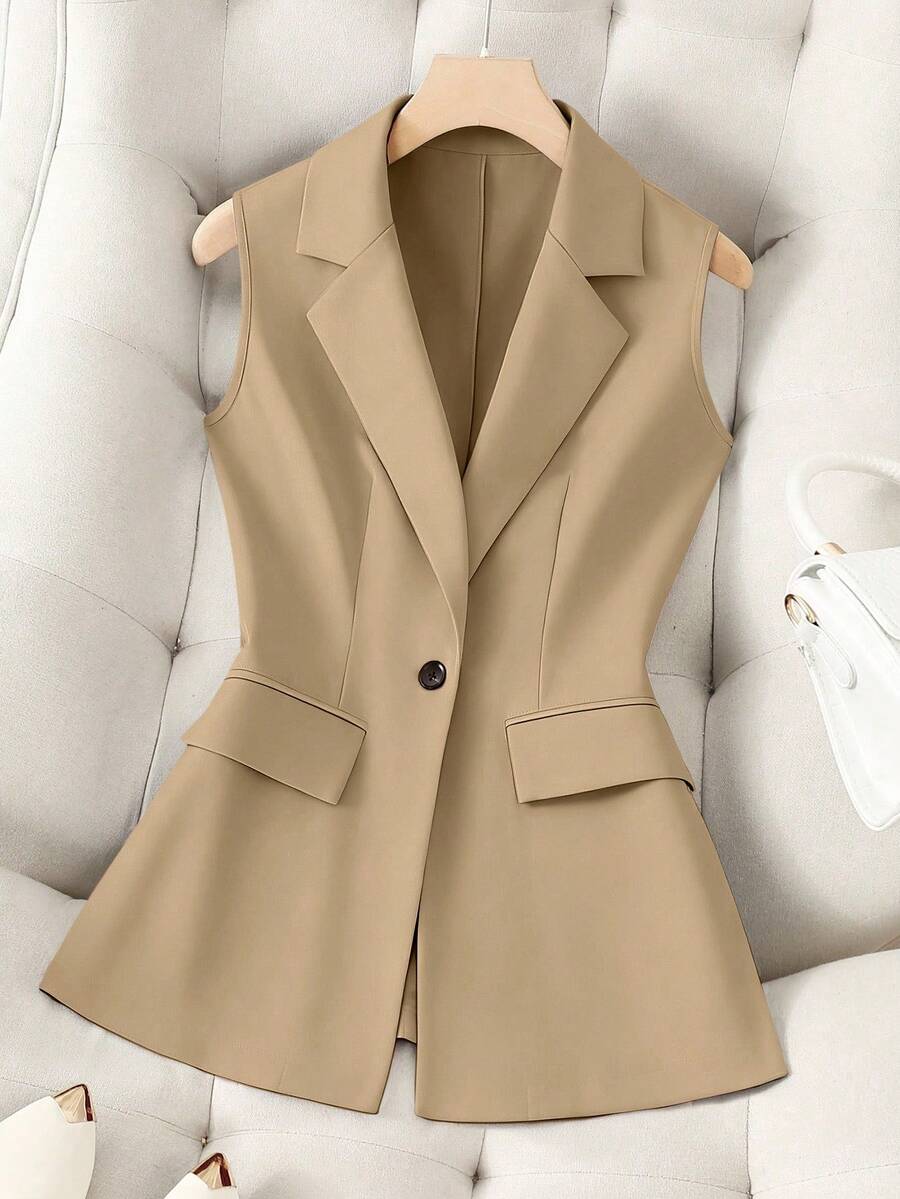 Franclia Women's Solid Color Elegant Single Button Casual Vest - Khaki - View 1