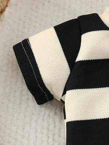 SHEIN Summer Newborn Boy's Black-And-White Striped Crew Neck Short-Sleeve Teddy Bear Print Romper Stylish And Casual, Simple And Adorable Baby Clothes Unisex Baby Clothes Striped Baby Romper Photoshoot Outfit For Baby - Black and White - View 5