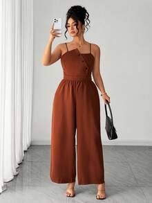 Elenzga Combinaison ample pour femmes grande taille, nouvelle élégante d'été sans manches avec décoration de boutons. Combinaison rétro mode taille haute amincissante avec décoration de boutons. Convient pour le port casual quotidien, les sorties de week-end, les courses, les rassemblements entre amis ou les vacances - Tabac - Voir 7
