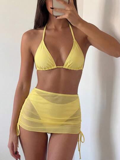 Costavie Bộ bikini 3 mảnh dành cho nữ kèm váy lưới, đồ bơi đi biển thường ngày, tươi mát và gợi cảm, mùa xuân/hè, màu vàng nhạt.