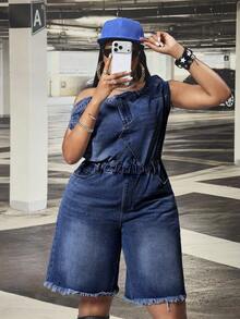Slaydiva Plus Size Women's Non-Stretch Denim Romper, European And American New Casual Fashion Strapless Off-Shoulder Loose Fit Denim Jumpsuit - Dark Wash - View 6
