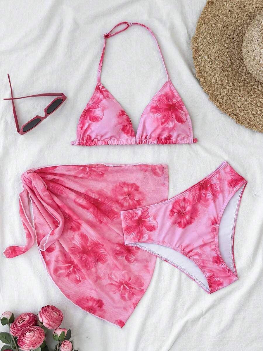 SHEIN Teen Girls 3 PiecesFloral Bikini Sets, Vacation Beach Swimwear - Pink - View 1