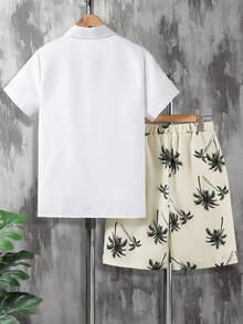 Teens Casual Two Pieces Set,Loose Fit Short Sleeve Shirt & Allover Palm Tree Print Shorts,Summer Vacation Holiday Beach Style Outfit For Daily Wear - White - View 2
