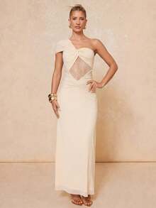 Lumalex 不对称露肩扭结柔软舒适网纱透视蕾丝镂空腰部修身连衣裙 - 黃色 - 查看 4