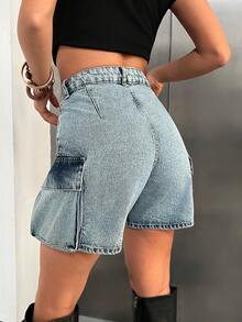 Casual Washed Denim Cargo Shorts For Summer - Blue - View 2