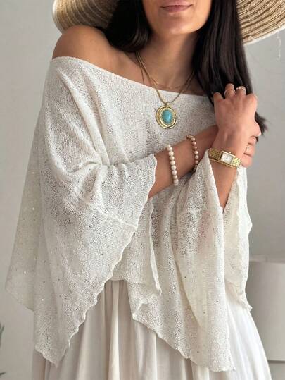 Lucivie Áo croptop tay cánh dơi đính sequin màu trắng thanh lịch và thoải mái dành cho nữ, trang phục mùa hè cho nữ, áo kiểu thường ngày cho nữ, áo đi nghỉ mát.