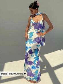 Aloruh 新款浪漫花卉网纱印花性感露背吊带连衣裙，配长款飘逸丝巾领 - 藍色 - 查看 1