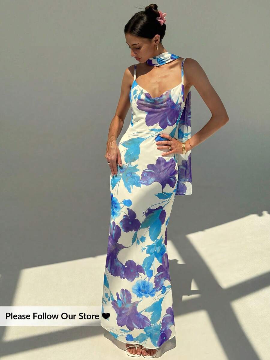 Aloruh 新款浪漫花卉网纱印花性感露背吊带连衣裙，配长款飘逸丝巾领 - 藍色 - 查看 1