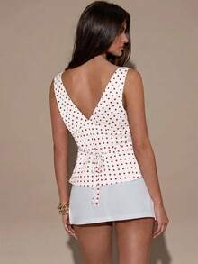 SHEIN BAE Áo hai dây cổ chữ V sâu in họa tiết chấm bi thanh lịch dành cho nữ, thích hợp cho mùa hè. - Đỏ và trắng - Xem 2