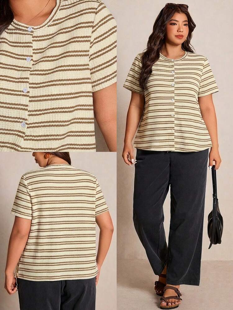 SHEIN Elaquor Áo thun kẻ sọc tối giản, phong cách thường ngày dành cho nữ cỡ lớn mùa hè - Màu be - Xem 2
