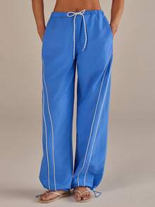 Athîral Women's Casual Sports Contrast Binding Drawstring Pants - Blue - View 5
