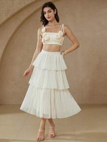 Aveloria Rosie 优雅法式风格女士简约浪漫约会奢华质感仿亚麻多层褶裥半身裙 - 白色 - 查看 1