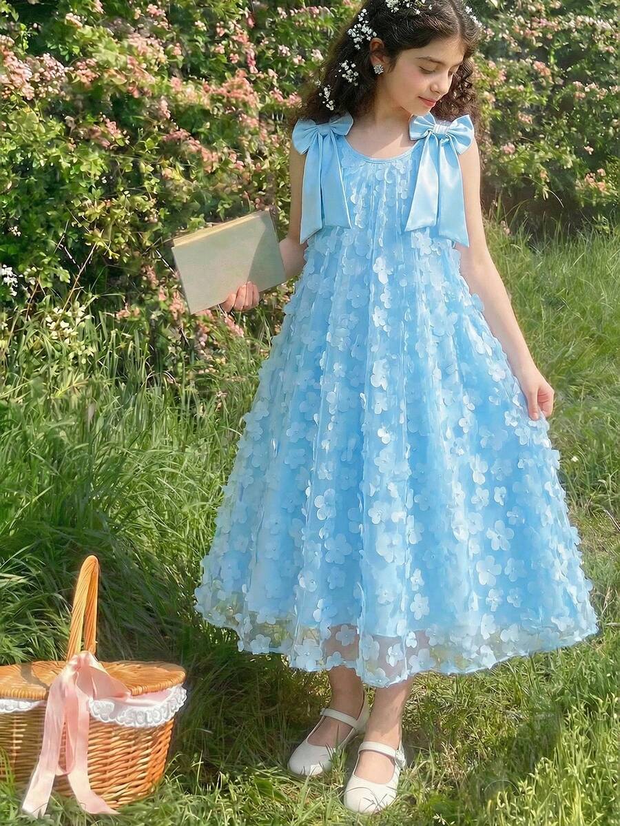 SHEIN Elegant Young Girls Blue Semi Sheer Sleeveless Short Dress Floral Patterned For Everyday Casual Wear
