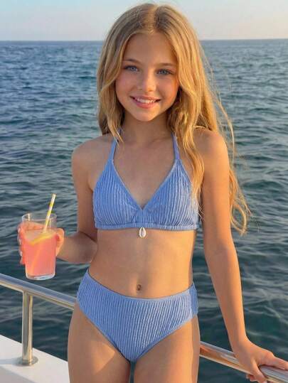 SHEIN Conjunto de bikini de triángulo con camiseta sin espalda de textura de concha azul sólido para niñas preadolescentes, ropa de baño de playa de verano
