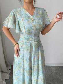 Modelyn Đầm xòe họa tiết hoa nhí cổ chữ V, eo nhún bèo dành cho nữ - màu xanh lá - Xem 5