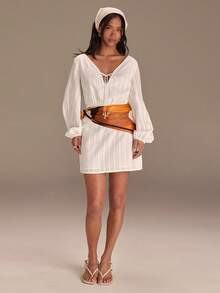 Athîral Women's Autumn Vacation Front Tie Lantern Sleeve Mini Dress Golf White Sexy - White - View 3