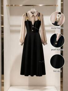 GlowEve CURVE Midi-Kleid in Große Größen für Frauen mit transparenten Farbblöcken, Kragen, Taillenbindung und langen Ärmeln, elegant und vielseitig einsetzbar - Aprikosenfarben - Übersicht 6