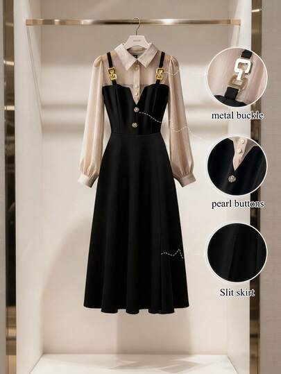 GlowEve CURVE 大码女式透视撞色翻领系腰长袖优雅百搭中长连衣裙