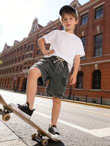 Genkimix Kids Pantalones cortos de mezclilla casuales para niños pequeños, color caqui, para primavera/verano, con decoración de cordón, bolsillos cargo, corte holgado, tela suave y cómoda, moda diaria - Verde militar - Ver 8