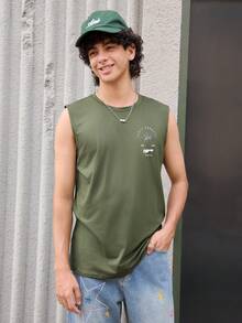 Open Phase Áo tank top nam phong cách thường ngày, in hình cây dừa và chữ cái, kiểu dáng retro Mỹ, unisex, dáng rộng thoải mái, thích hợp cho trang phục mùa hè – Phù hợp cho cả mặc hàng ngày và đi nghỉ hè. - xanh quân đội - Xem 3