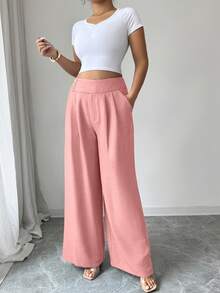 Elenzga Women's Dusty Pink,Summer,Elegant,Brunch,Office High-Waisted Gold Button Flared Leg Pants,Urban Fashion Light Blue Trousers For Wedding,Gala,Commute - Pink - View 7