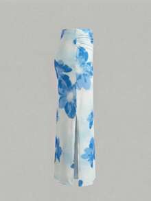 Girlism Teengirl 2 Pieces Set: Blue Casual Floral Pattern Asymmetrical Ruched Snug Fit Mini Skirt, Suitable For Summer, Vacation Outfits Young Girls Sets Summer Outfits 15 16 - Blue and White - View 4