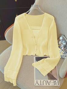 K-Vae Áo khoác cardigan mỏng nhẹ, tinh tế dành cho nữ, kiểu dáng ngắn cài khuy ngọc trai, thích hợp cho mùa hè. - Màu vàng - Xem 7