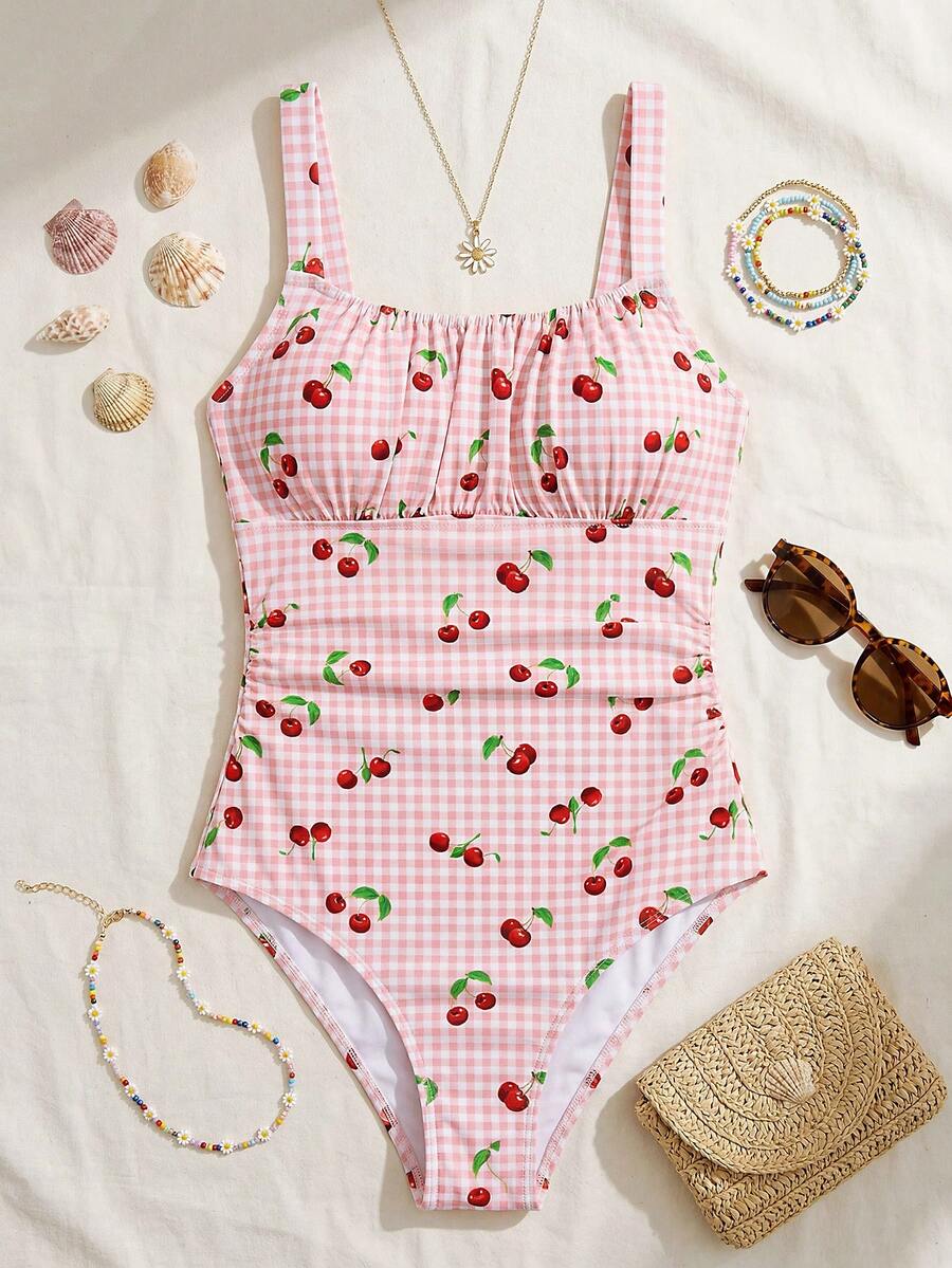 SHEIN Swim 1pc Women's Plaid Cherry Print One-Piece Swimsuit Summer - View 1