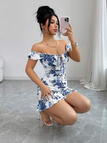 Selianne Đầm dự tiệc dài thanh lịch dành cho nữ, in họa tiết hoa, viền bèo nhún, eo thắt gọn. - Iron Gray - Xem 4