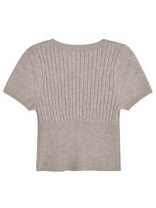 INAWLY Áo thun nữ cổ chữ V tay ngắn, dáng ôm, chất liệu gân nổi, kiểu dáng thường ngày, thích hợp cho mùa xuân/hè. - Xám - Xem 2
