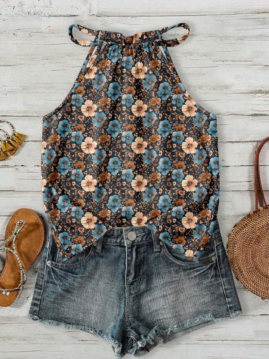 SHEIN LUNE Women's Ditsy Floral Halter Neck Camisole, Suitable For Spring And Summer - Multicolor - View 1