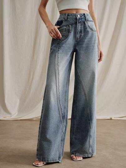 Anewsta Quần jeans ống đứng phối màu xanh dương thanh lịch, lãng mạn dành cho nữ, thích hợp cho kỳ nghỉ hè.