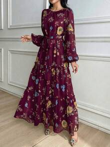Modelyn 女士优雅印花雪纺系腰连衣裙，适合春夏穿着 - 紫色 - 查看 3