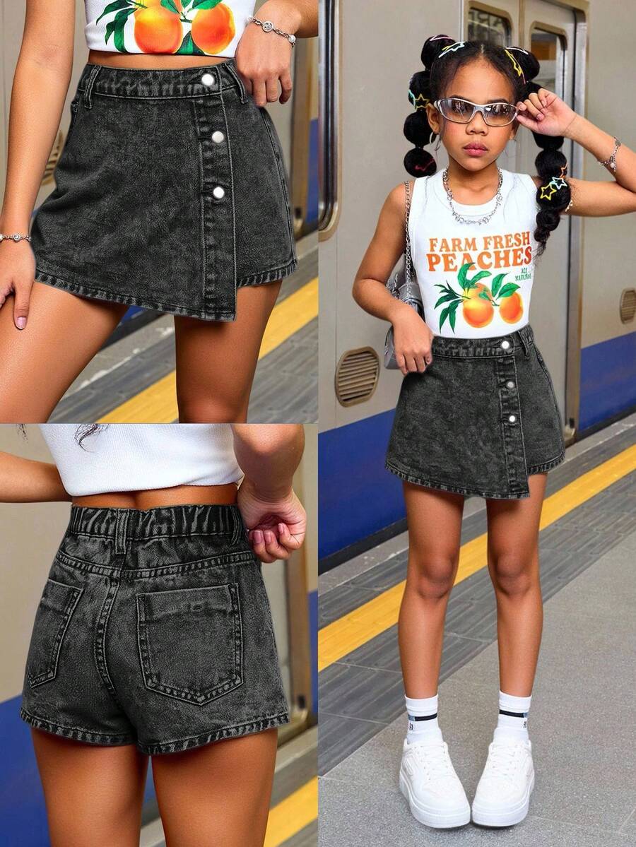 SHEIN Tween Girl Summer Y2K Casual Boho Asymmetrical Button Denim Skort,Summer Vacation And Daily Streetwear - Black - View 1