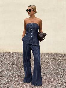 DAZY Conjunto de top tubo a rayas y pantalones vaqueros de pierna ancha para vacaciones y viajes, de corte holgado, para primavera/verano - Azul - Ver 6