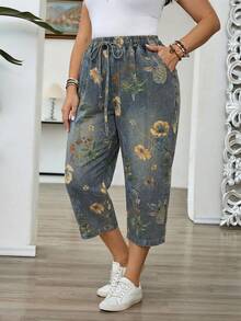 EMERY ROSE Quần lửng denim nữ cỡ lớn in họa tiết hoa, có dây rút ở eo và túi. - Nhiều màu - Xem 5