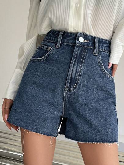 DAZY Shorts vaqueros de pierna recta casual y relajada con botones y desgaste vintage lavado, adecuados para primavera y verano, uso en la playa/vacaciones