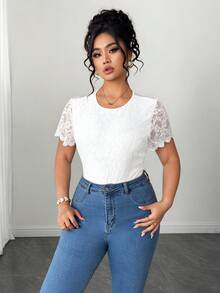 SHEIN Clasi Plus Size Round Neck Lace Back Decor Open Back Tie Rib Patchwork Bodysuit Wedding Night Party All White Summer Sexy 70's - White - View 7