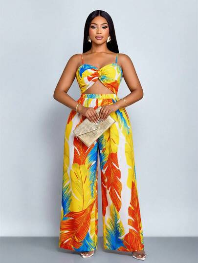 SOLERSUN Bộ jumpsuit nữ cỡ lớn thanh lịch, không tay, họa tiết hoa đen trắng, thắt nút xoắn, ống rộng, dây mảnh, thích hợp cho mùa xuân và hè.