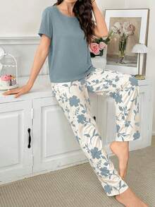 Contrast Color Casual Print Short Sleeve & Pants Women Pajama Set - Baby Blue - View 4