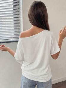 少女字母菠萝印花不对称领短袖T恤 - 白色 - 查看 4