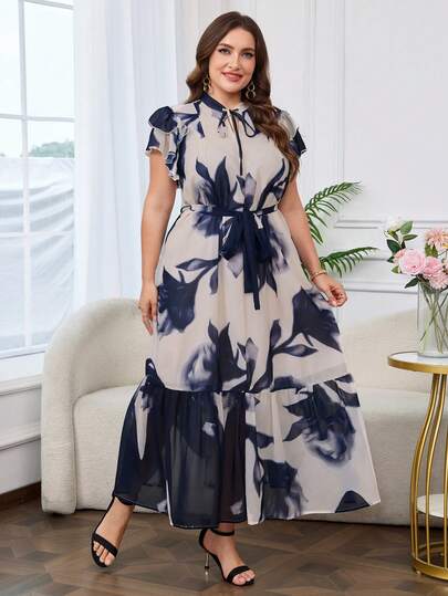 Reflora Plus Size Elegant Floral Print Ruffle Tie Collar Dress, Summer