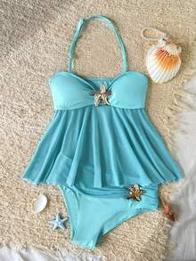 SHEIN Tween Girl Mermaid Light Teal Summer Cute Beach Holiday Swimwear,Mesh Ruffle Metal Starfish Halter Tankini Set,Hawaii Island Two Pieces Bathing Suit - Mint Green - View 4