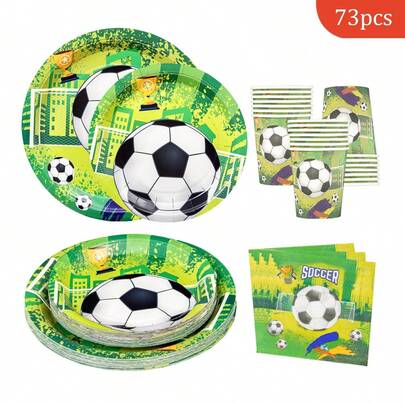 Green Football And Trophy Disposable Plates, Napkins And Paper Cups, Disposable Party Supplies Set, Suitable For 16 Guests, Disposable Paper Plates, Party Utensils Suitable For Birthdays, Weddings, Themed Parties, Family Picnics