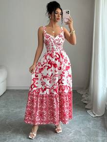 Selianne Damen Vintage Rot & Weiß Blume Muster plissiertes A-Linien Kleid, quadratischer Ausschnitt, ärmellos, taillenschmeichelnde elegante romantische Lässig Pendler Strand Urlaub Mode Retro Französischer Straßen Chic Frühling/Sommer Neu - Verschiedenfarbig - Übersicht 6